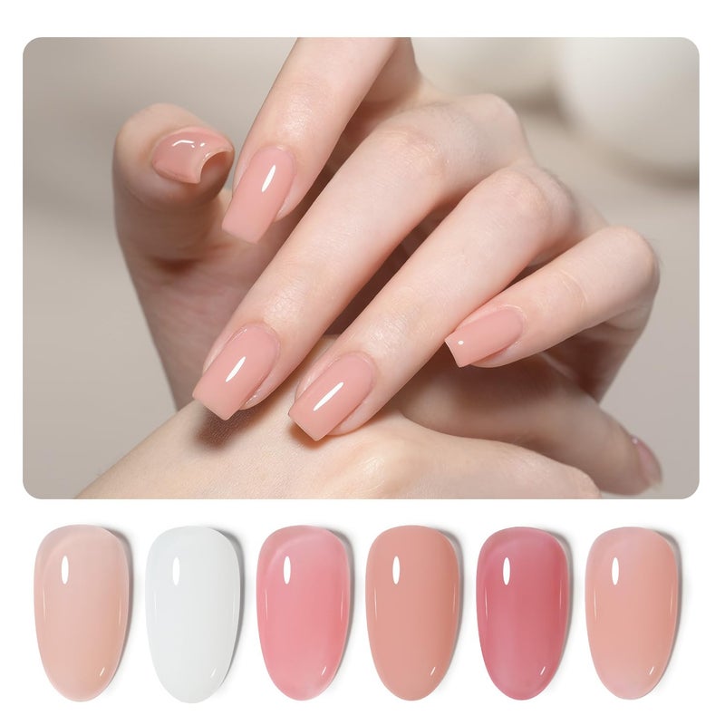 GAOY 6 Colors Rubber Base Gel Set Jelly Builder Base Nail Gel Nude Sheer White Pink 2in1 Soak Off Nail Strengthener Blush Jelly