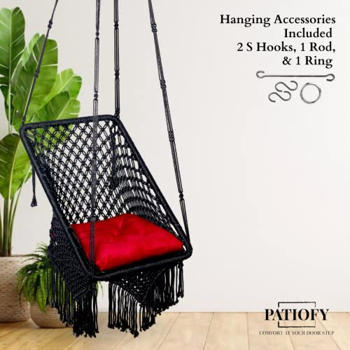 Patiofy Square Swing for Adults - Balcony & Garden Swing - Includes Red Square Cushion & Hanging Kit - 150Kg Capacity - Black Polyester - Image 2