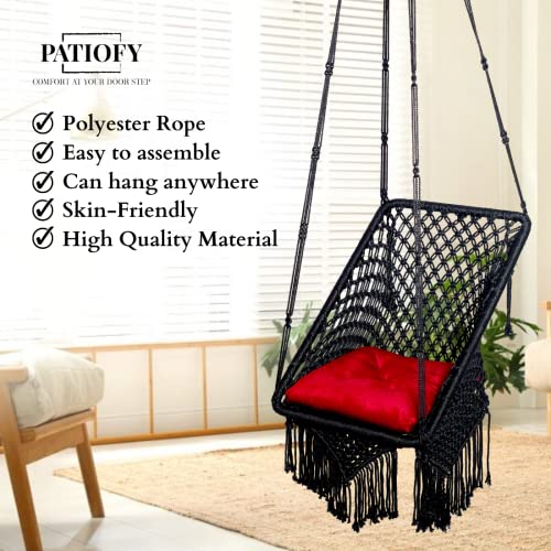Patiofy Square Swing for Adults - Balcony & Garden Swing - Includes Red Square Cushion & Hanging Kit - 150Kg Capacity - Black Polyester - Image 3