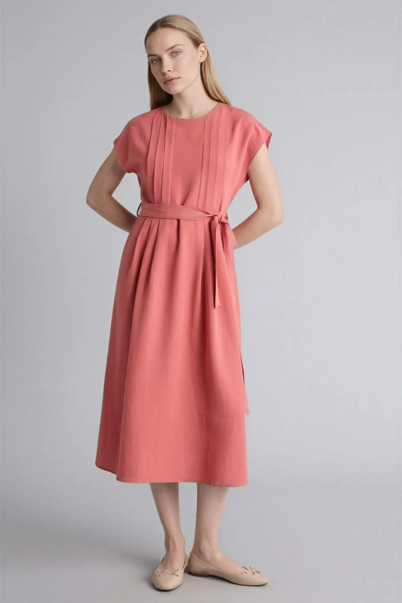 ديفاكتو Round Collar Linen Blended Batwing Dress
