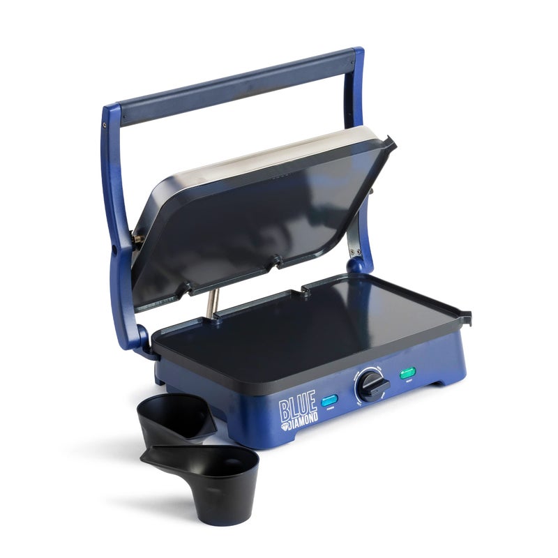 Blue Diamond Blue Diamond Ceramic Nonstick Electric Contact Sizzle Griddle Open Flat Design Dishwasher Safe Removable Plates Adjustable Temperature Control PFASFree Blue 