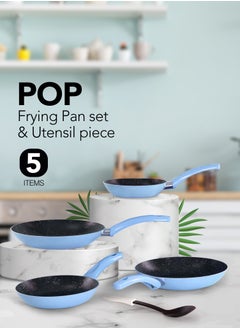 5 Piece Pop Frying Pan Set Non-Stick Surface Bakelite Handle and Utensil Light Blue