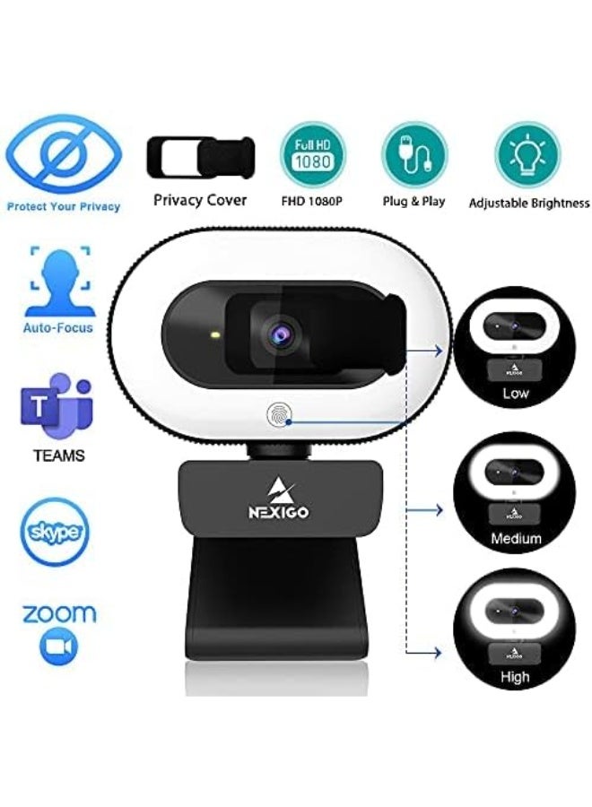 NexiGo StreamCam N930E with Software, 1080P Webcam with Ring Light and Privacy Cover, Auto-Focus, Plug and Play, Web Camera for Online Learning, Zoom Meeting Skype Teams, PC Mac Laptop Desktop - Image 3