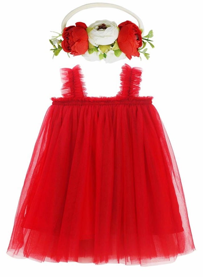 BGFKS Layered Tulle Tutu Dress for Toddler Girls,Baby Girl Rainbow Tutu Princess Skirt Set with Flower Headband., Red, 18 Months - Image 1