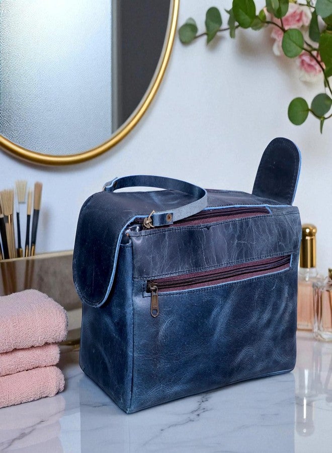 PRASTARA Leather Toiletry Bag for Men, Travel Essentials Shaving Dopp Kit Bathroom Shower Toiletries Organizer, Cosmetic Make up Bag for Women (Navy Blue) - Image 3