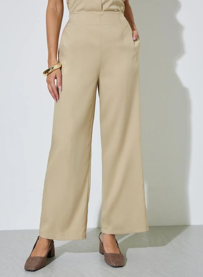 ستايلي Beige Solid Wide Leg Trousers with Side Pocket