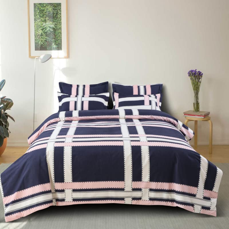 UNIQUE OWL 350TC AC Comforter with Ultra-Soft Microfiber Filling Set King Size Double Bed with 1 Flat Bedsheet Size 90x100 inch 2 Pillow Covers 4 pc Bedding Set Glace Cotton (Navy-Blue)