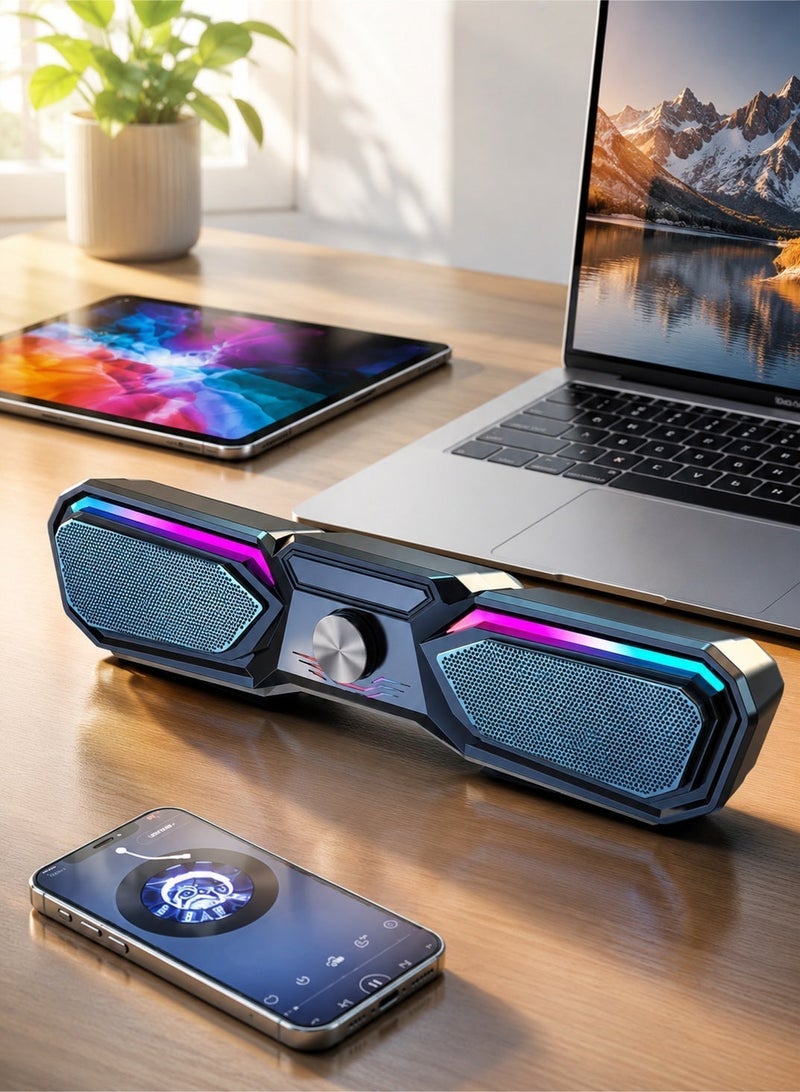 SADA Wired USB Gaming Soundbar Speaker with RGB Rainbow LED Light, 2.0 Multimedia Desktop Computer Sound Bar, Stereo Bass Subwoofer Volume Control Knob Wired PC Speaker for Laptop Desktop Monitor Gaming Office Home Entertainment, Black Standard Version - Image 1