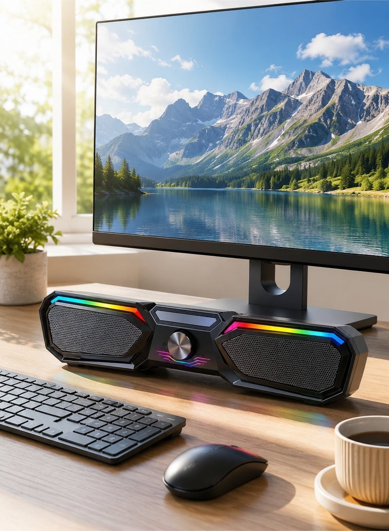 SADA Wired USB Gaming Soundbar Speaker with RGB Rainbow LED Light, 2.0 Multimedia Desktop Computer Sound Bar, Stereo Bass Subwoofer Volume Control Knob Wired PC Speaker for Laptop Desktop Monitor Gaming Office Home Entertainment, Black Standard Version - Image 3
