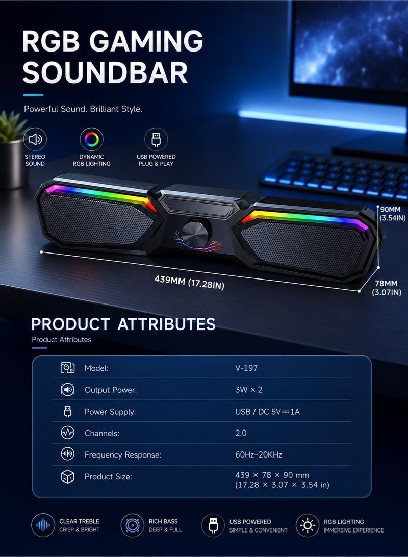 SADA Wired USB Gaming Soundbar Speaker with RGB Rainbow LED Light, 2.0 Multimedia Desktop Computer Sound Bar, Stereo Bass Subwoofer Volume Control Knob Wired PC Speaker for Laptop Desktop Monitor Gaming Office Home Entertainment, Black Standard Version - Image 4