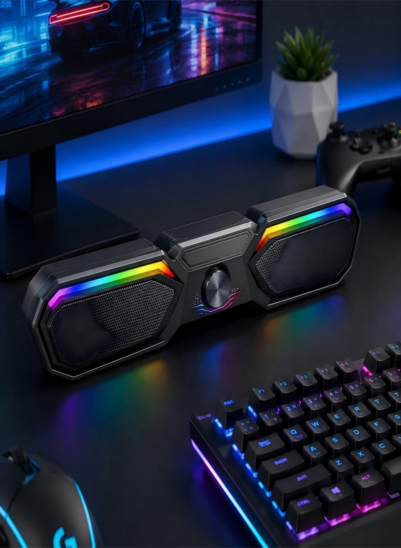 SADA Wired USB Gaming Soundbar Speaker with RGB Rainbow LED Light, 2.0 Multimedia Desktop Computer Sound Bar, Stereo Bass Subwoofer Volume Control Knob Wired PC Speaker for Laptop Desktop Monitor Gaming Office Home Entertainment, Black Standard Version - Image 5