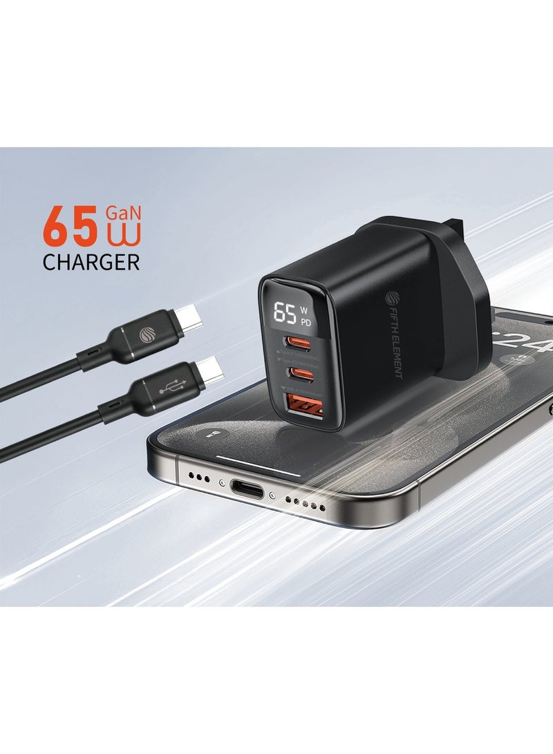 FIFTH ELEMENT PULSE Firefly 65W GaN 3-Port USB-C Laptop & Phone Charger with Digital Watt Display – Black - Image 2
