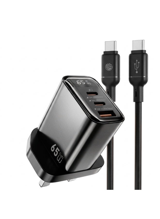 فيفث إيليمنت شاحن حائط FIFTH ELEMENT PULSE Firefly بتقنية GaN بقدرة 65 واط مع 3 منافذ USB‑C مزود بشاشة رقمية لعرض استهلاك الطاقة (واط)، ويدعم شحن اللابتوب والهواتف بتقنية PD بسرعة عالية – اللون الأسود - Image 1