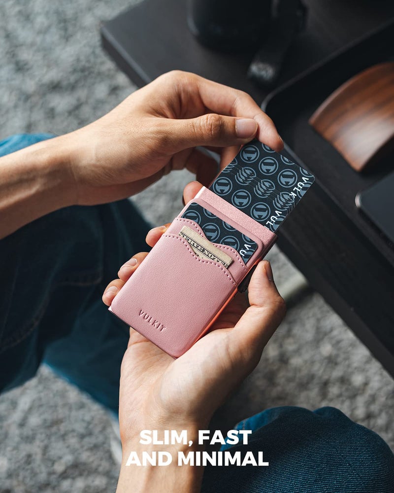 VULKIT Credit Card Holder Minimalist Slim Pop Up Wallet with Leather Slots RFID Blocking for Men and Women Holds 7 Cards and Notes Rose - Image 2