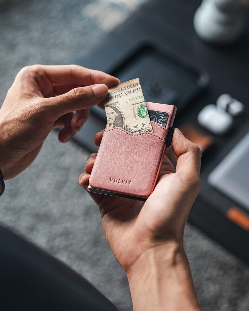 VULKIT Credit Card Holder Minimalist Slim Pop Up Wallet with Leather Slots RFID Blocking for Men and Women Holds 7 Cards and Notes Rose - Image 4