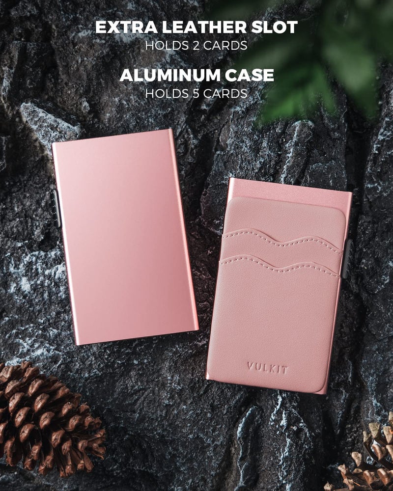 VULKIT Credit Card Holder Minimalist Slim Pop Up Wallet with Leather Slots RFID Blocking for Men and Women Holds 7 Cards and Notes Rose - Image 3