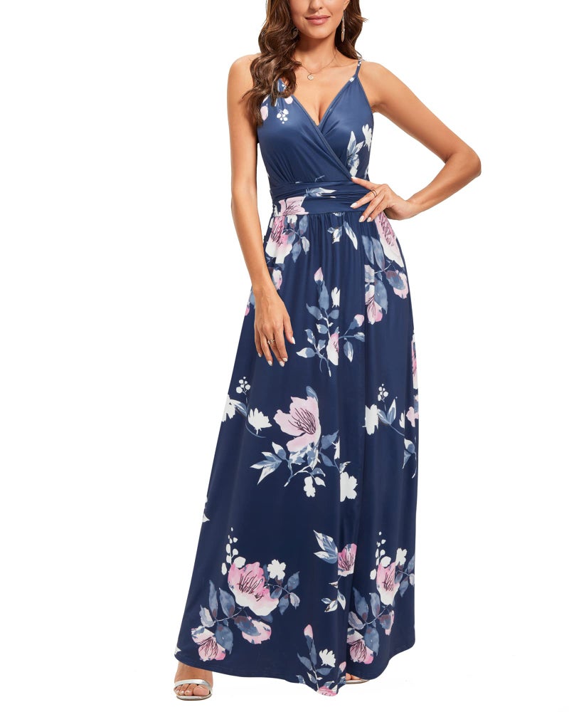 Newshows Womens Fashion Summer 2025 Dress V Neck Spaghetti Strap Easter Casual Floral Split Long Maxi Beach Teacher Work Sundress (Blue Floral Pink, X-Large) - Image 5