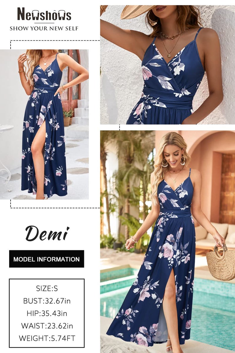 Newshows Womens Fashion Summer 2025 Dress V Neck Spaghetti Strap Easter Casual Floral Split Long Maxi Beach Teacher Work Sundress (Blue Floral Pink, X-Large) - Image 2