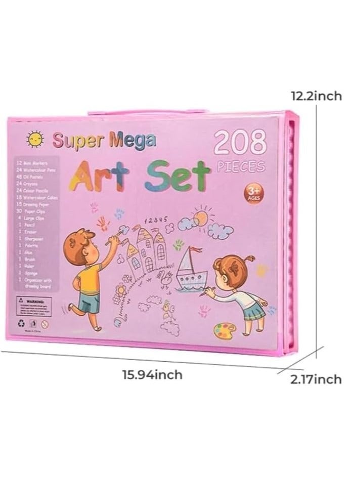 مجموعة رسم فنية مكونة من 208 قطعة، هدايا فنية للبنات والأولاد والمراهقين، حقيبة أدوات فنية مع حامل ثلاثي الطي مزدوج الجوانب، أقلام ألوان مائية، ألوان باستيل زيتية، أقلام تلوين، أقلام رصاص ملونة (وردي) - Image 2