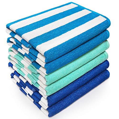 Beachland Classic Cabana Stripe Beach Towel - 30 x 60 inch - Soft Cotton Terry Resort Style Perfect for Beach and Pool (Royal-Mint-Tur, 6 Pack) - Image 1