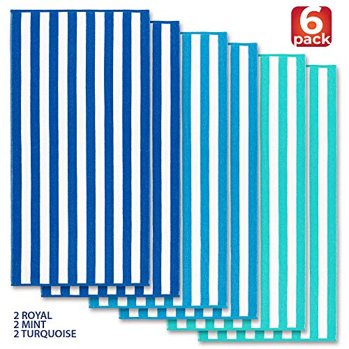 Beachland Classic Cabana Stripe Beach Towel - 30 x 60 inch - Soft Cotton Terry Resort Style Perfect for Beach and Pool (Royal-Mint-Tur, 6 Pack) - Image 2