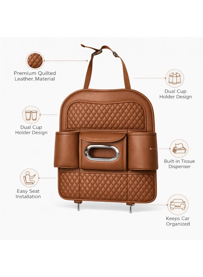 Manful Car Back Seat Organizer with Tissue Box Holder & Cup Holders – PU Leather Auto Seat Back Storage Pocket, Kick Mats Protector (Brown) - Image 4