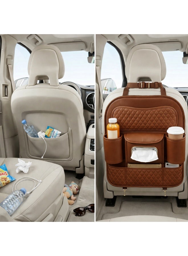 Manful Car Back Seat Organizer with Tissue Box Holder & Cup Holders – PU Leather Auto Seat Back Storage Pocket, Kick Mats Protector (Brown) - Image 5