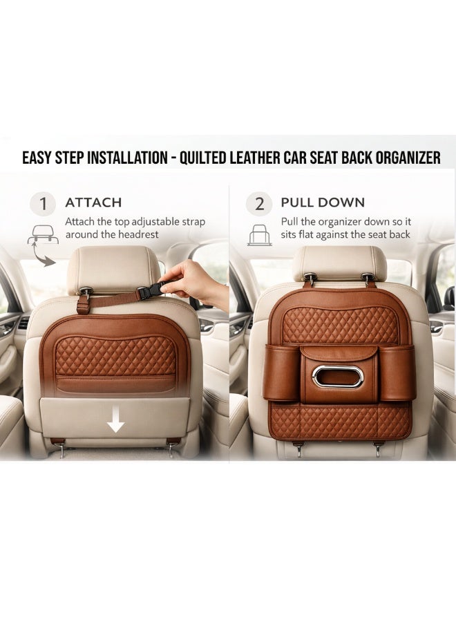 Manful Car Back Seat Organizer with Tissue Box Holder & Cup Holders – PU Leather Auto Seat Back Storage Pocket, Kick Mats Protector (Brown) - Image 3