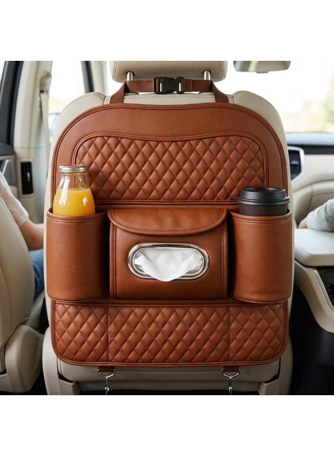 Manful Car Back Seat Organizer with Tissue Box Holder & Cup Holders – PU Leather Auto Seat Back Storage Pocket, Kick Mats Protector (Brown) - Image 2