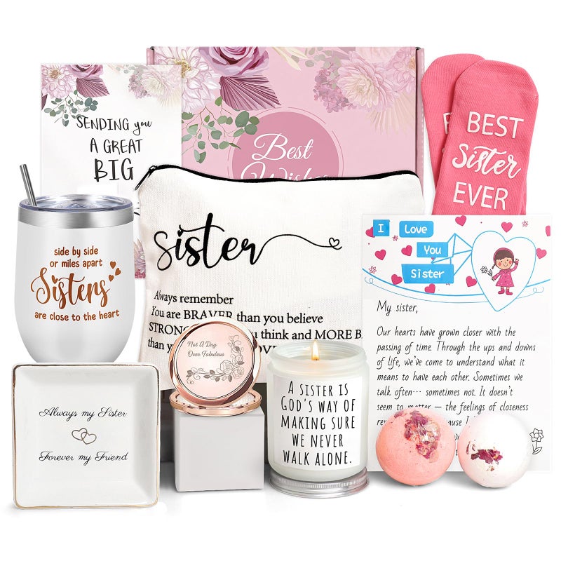 Frerdui Sister Birthday Gifts, Sisters Gifts from Sister, 9PCS Unique Gift for Sisters Gift Baskets Ideas for Christmas, Birthday, Mothers Day, Valentines Day - Image 1