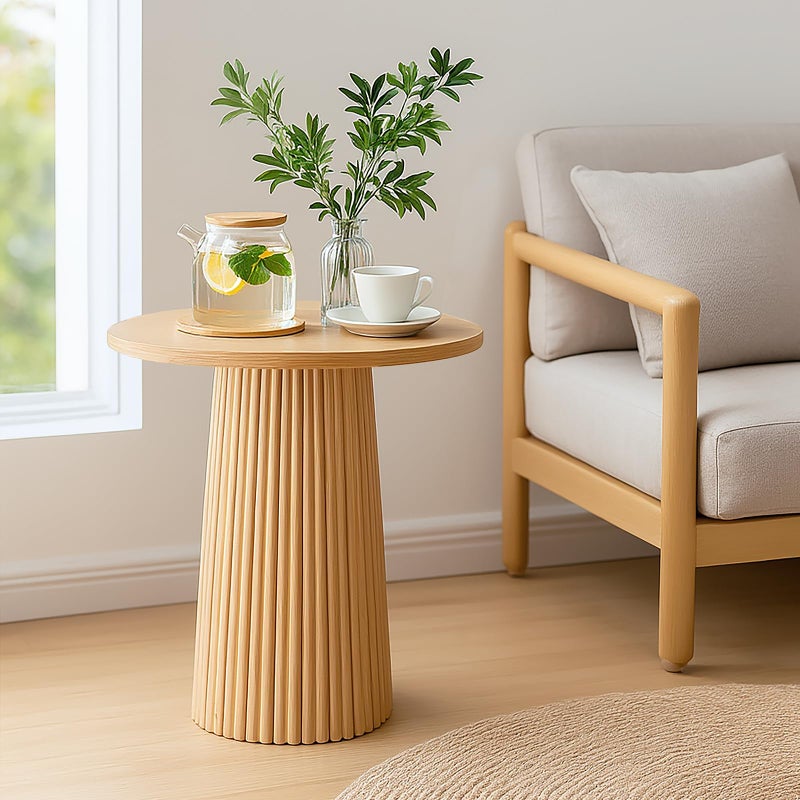 ZYBT Fluted Round Side Table, Small Rattan Boho Accent End Tables Modern Bedside Table, Indoor Plant Stand, Rustic End Tables for Living Room Bedroom Office Balcony - Image 1