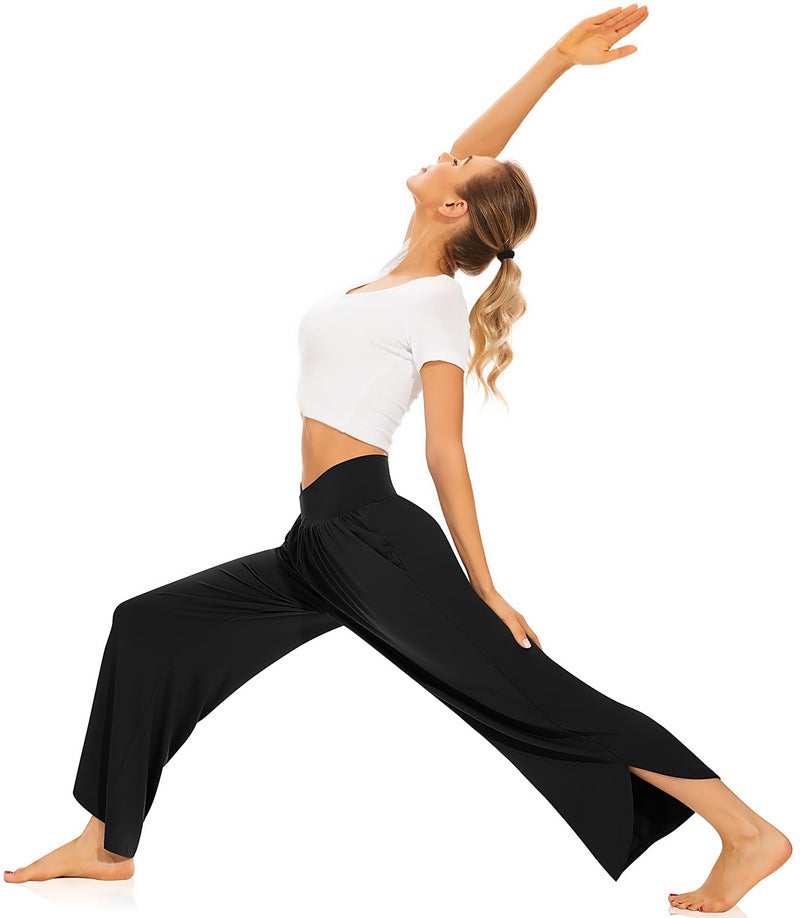 TARSE Womens Wide Leg Yoga Pants Cross High Waisted Capris Plus Size Casual Flowy Lounge Joggers Loose Pajama Bottoms Flared Sweatpants with Pockets (Black,XL) - Image 4