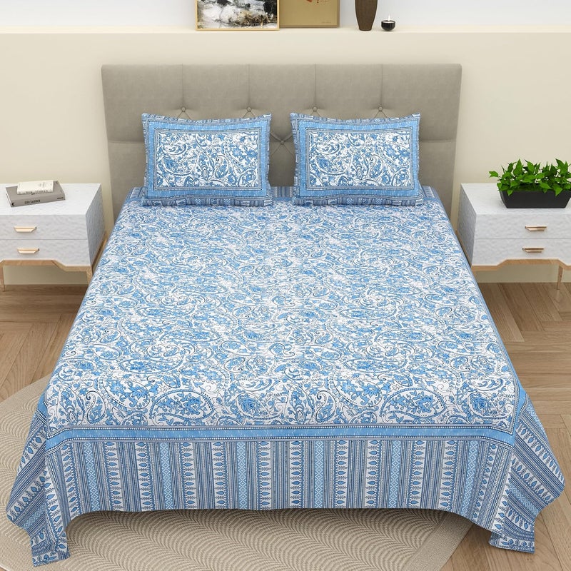 Bella Casa Double King Size Bedsheet Set Cotton with 2 Pillow Covers Floral Design Sky Blue Colour Ethnic Collection - Image 1