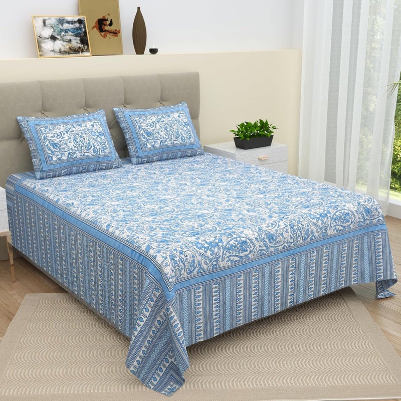 Bella Casa Double King Size Bedsheet Set Cotton with 2 Pillow Covers Floral Design Sky Blue Colour Ethnic Collection - Image 2