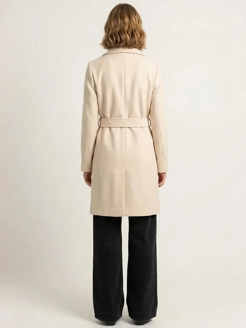 Big Dart Ivory Natural BDART Belted Midi Coat with Jacket Collar for Women | Best Price UAE