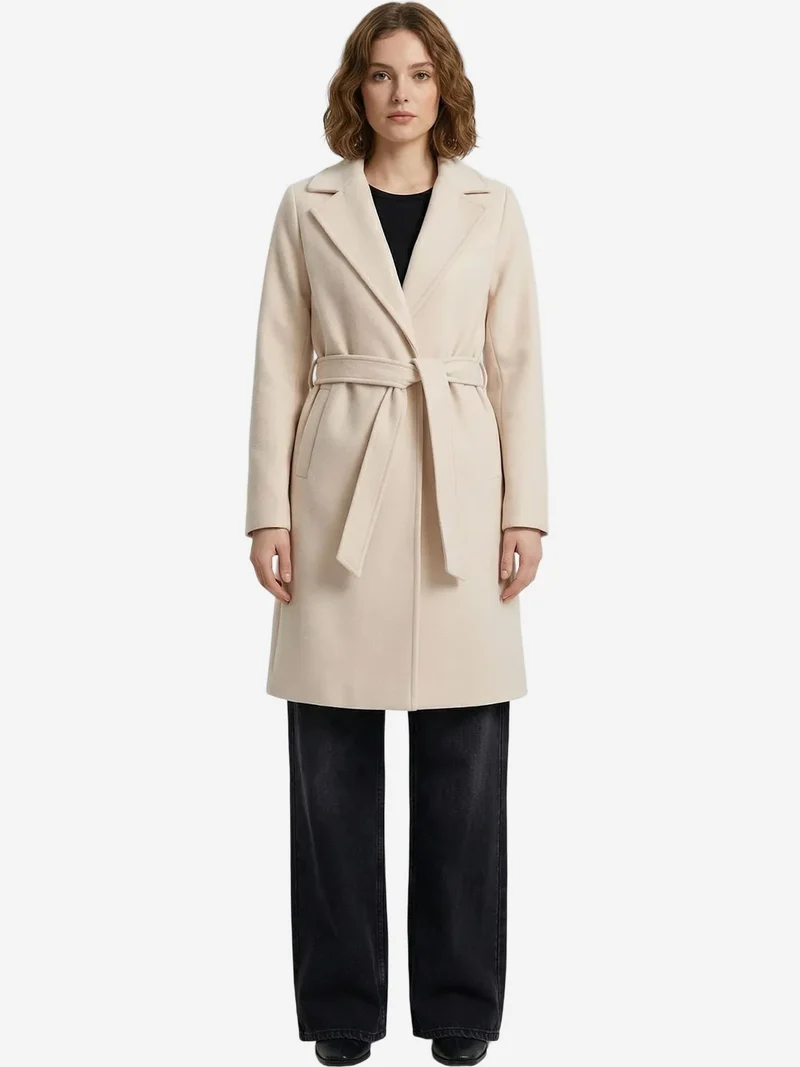 Big Dart Ivory Natural BDART Belted Midi Coat with Jacket Collar for Women | Best Price UAE