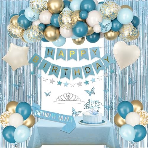 Amandir Blue Birthday Decorations for Women Girls Light Dusty Blue White Sand Foil Balloons Table Cloth Sash Crown Fringe Curtains Happy Birthday Banner Glitter Star Garland Topper Butterfly Party Supplies - Image 1