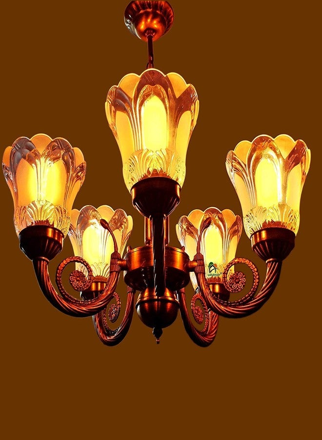 Weldecor ® Antique Brass Designer 5 Chandelier Lamp (Golden and Brown). - Image 2