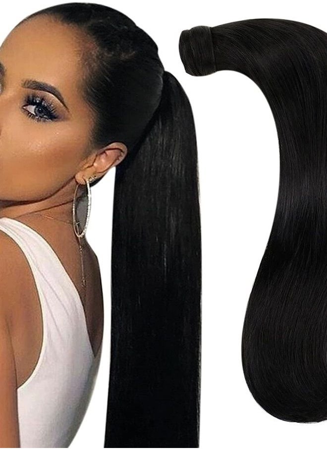 RUNATURE - Human Hair Ponytail Extension Jet Black Straight Ponytail Hair Extensions Human Hair Brazilian Full Ends Natural Wrap Around Ponytail Human Hair Extensions with Magic Paste Short Hairpiece 12 - Image 1