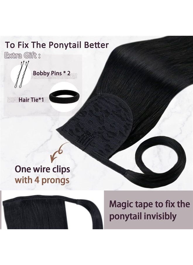 RUNATURE - Human Hair Ponytail Extension Jet Black Straight Ponytail Hair Extensions Human Hair Brazilian Full Ends Natural Wrap Around Ponytail Human Hair Extensions with Magic Paste Short Hairpiece 12 - Image 1