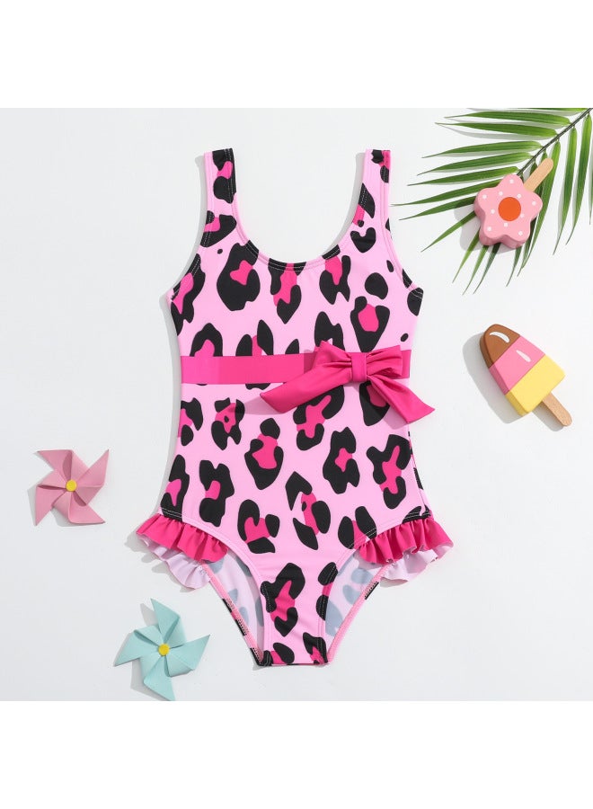 Loquat Children's Swimsuit Girls' Swimsuit One-piece Leopard Print Flower Bow Quick-drying Children's Triangle Vacation Swimsuit Exclusive-Color:Rose Red- - Image 2