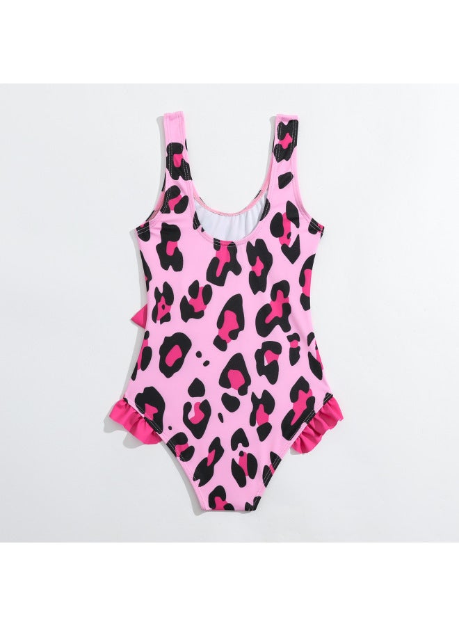 Loquat Children's Swimsuit Girls' Swimsuit One-piece Leopard Print Flower Bow Quick-drying Children's Triangle Vacation Swimsuit Exclusive-Color:Rose Red- - Image 3