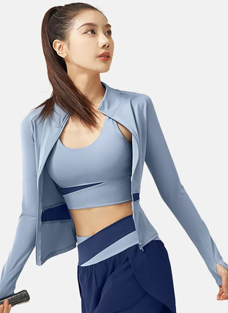 YUNIQEE Blue Solid Slim Fit High Neck Jacket