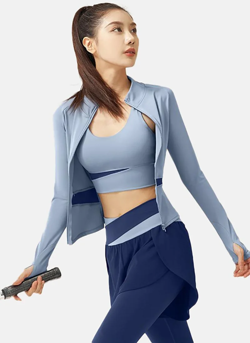 YUNIQEE Blue Solid Slim Fit High Neck Jacket