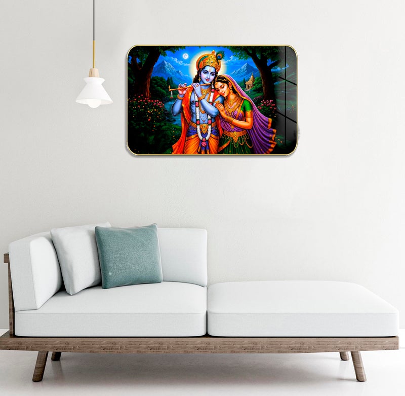 Masstone Radha Krishna Crystal Embedded High Gloss Wall Painting, Golden Slim Frame, 45x30 Cm Wall Art for Living Room, Bedroom, Office & Home Décor (HG01) - Image 3
