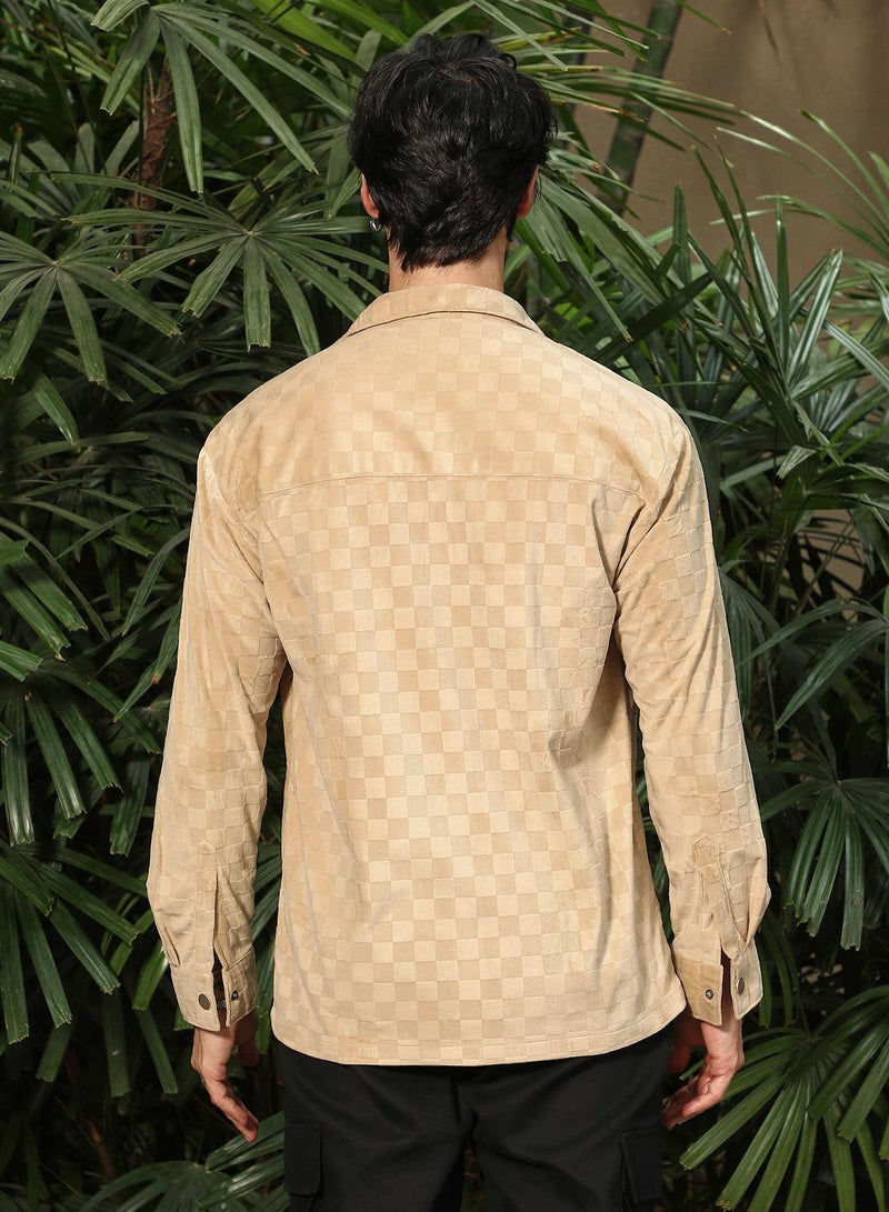 Campus Sutra Campus Sutra Men's Buff Beige Cubic Velvet Utility Shacket For Casual Wear | Spread Collar | Long Sleeve | Button Closure | Overshirt/Shacket Crafted With Comfort Fit For Everyday Wear  - Image 3