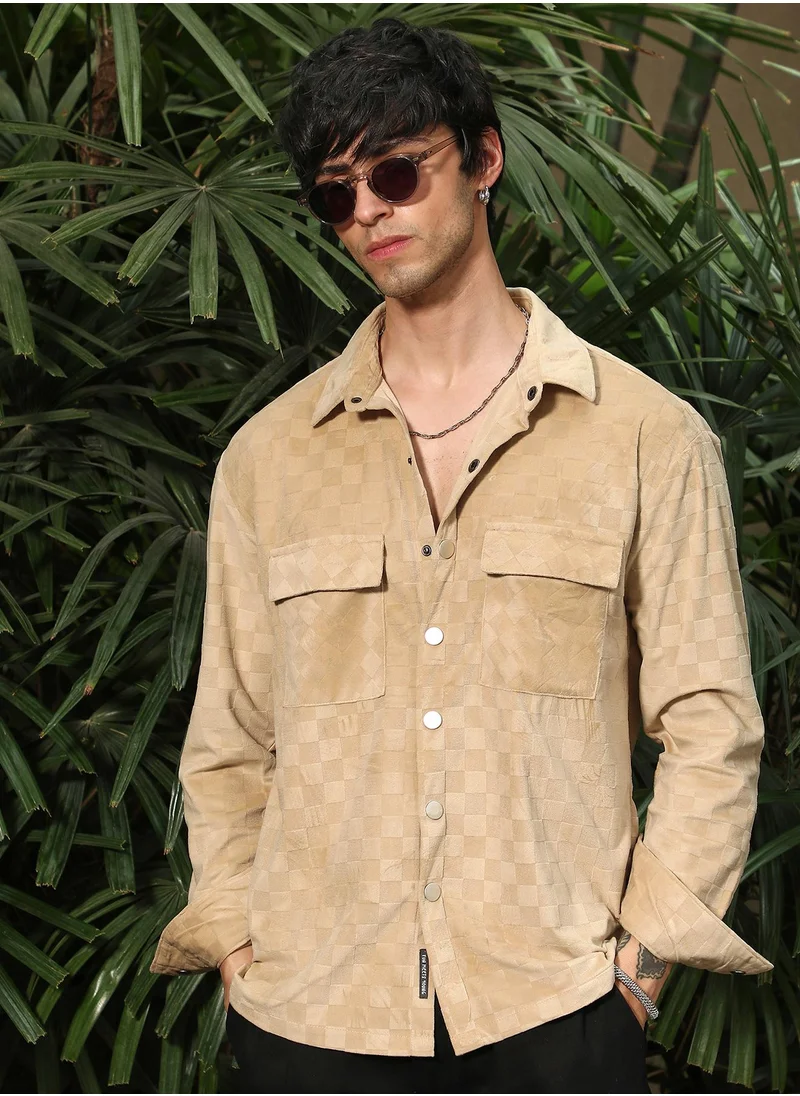 كامبوس سوترا Campus Sutra Men's Buff Beige Cubic Velvet Utility Shacket For Casual Wear | Spread Collar | Long Sleeve | Button Closure | Overshirt/Shacket Crafted With Comfort Fit For Everyday Wear