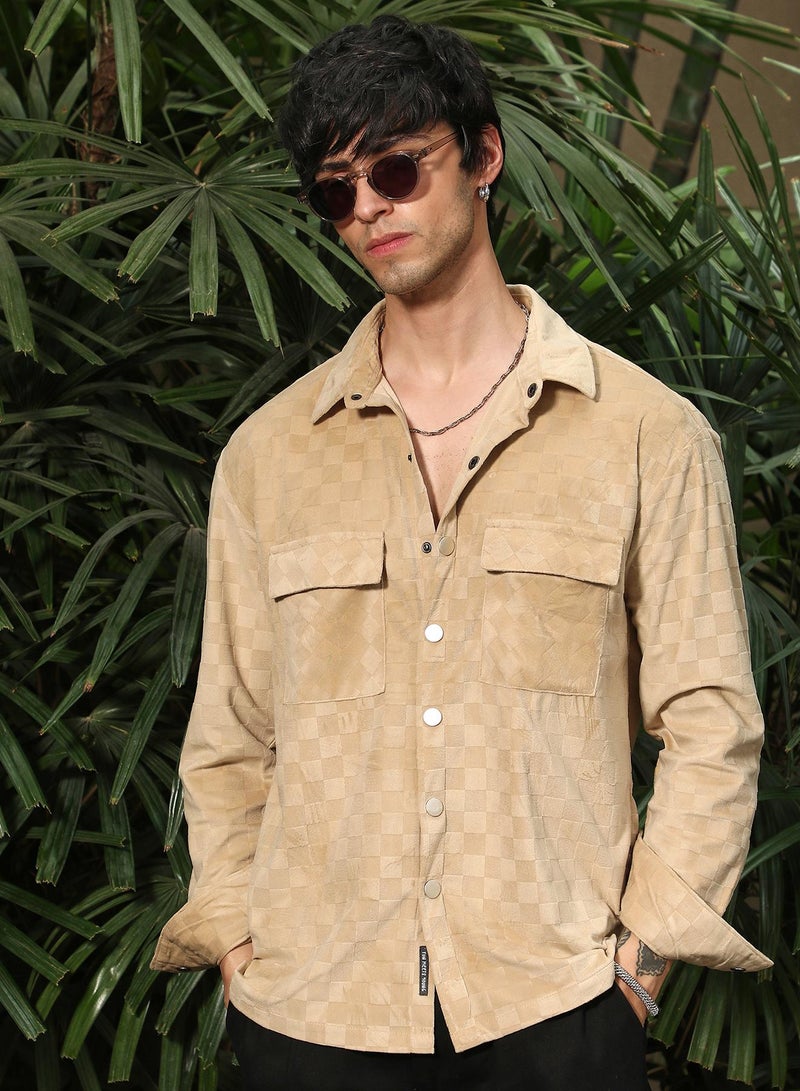 Campus Sutra Campus Sutra Men's Buff Beige Cubic Velvet Utility Shacket For Casual Wear | Spread Collar | Long Sleeve | Button Closure | Overshirt/Shacket Crafted With Comfort Fit For Everyday Wear  - Image 1
