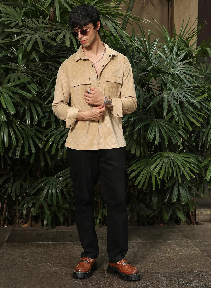 Campus Sutra Campus Sutra Men's Buff Beige Cubic Velvet Utility Shacket For Casual Wear | Spread Collar | Long Sleeve | Button Closure | Overshirt/Shacket Crafted With Comfort Fit For Everyday Wear
