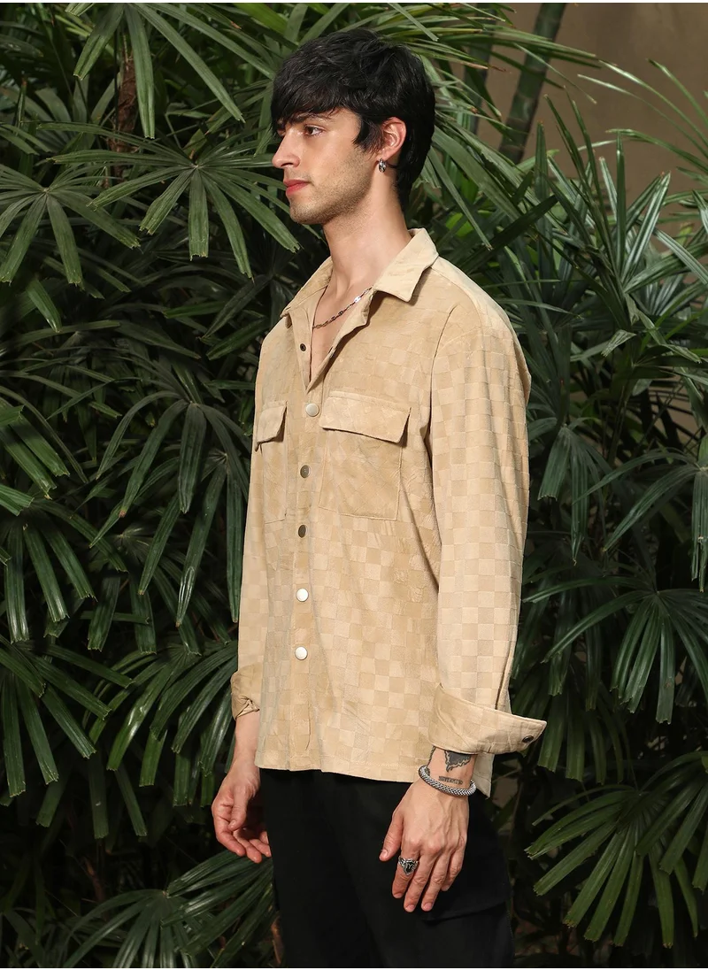 كامبوس سوترا Campus Sutra Men's Buff Beige Cubic Velvet Utility Shacket For Casual Wear | Spread Collar | Long Sleeve | Button Closure | Overshirt/Shacket Crafted With Comfort Fit For Everyday Wear